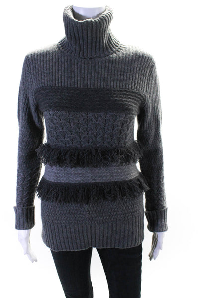 Christopher Fischer Womens Striped Fringed Turtleneck Knit Sweater Gray Size XS