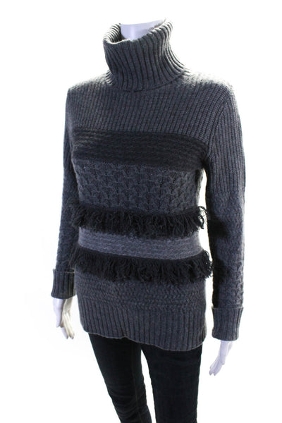 Christopher Fischer Womens Striped Fringed Turtleneck Knit Sweater Gray Size XS