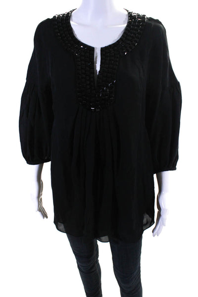 Magaschoni Womens 100% Silk Beaded Pleated Long Sleeved Tunic Top Black Size L
