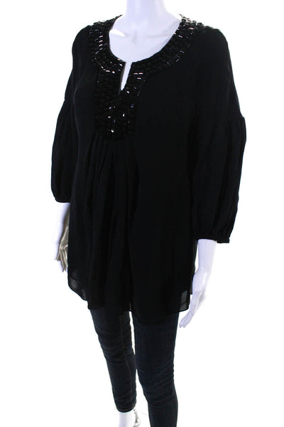 Magaschoni Womens 100% Silk Beaded Pleated Long Sleeved Tunic Top Black Size L