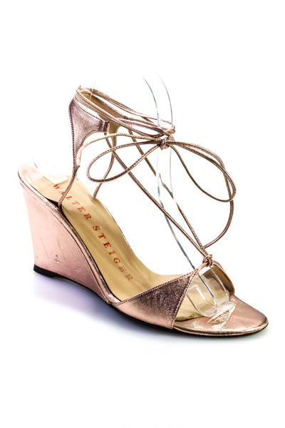 Walter Steiger Womens Leather Metallic Strappy Wedge Sandals Light Pink Size 8