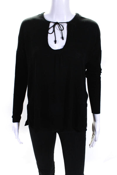 Loma Womens Long Sleeve Mixed Media Scoop Neck Top Black Wool Silk Size XS