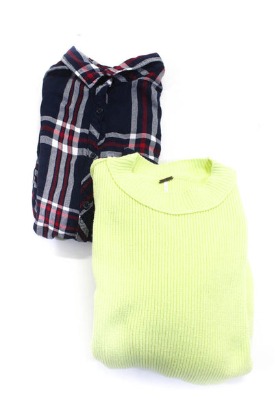 Free People Womens Sweater Button Down Shirt Lime Green Blue Size XS M Lot 2