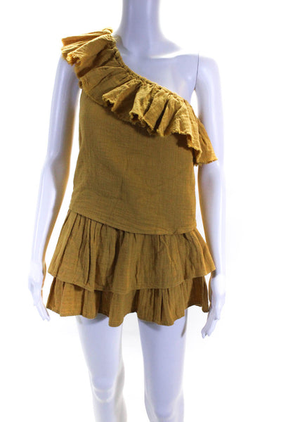 La Belle Ile Saint Barth Womens Ruffled One Shoulder Top Skirt Set Yellow Small