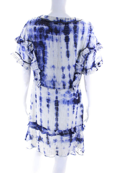 Tanya Taylor Womens Silk Tie Dye Ruffled Shorts Sleeve A-Line Dress Blue Size 10