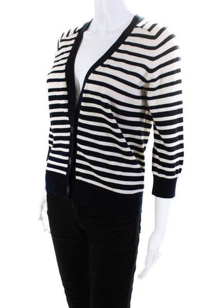 Vince Womens Button Front V Neck Striped Cardigan Sweater White Blue Size Small