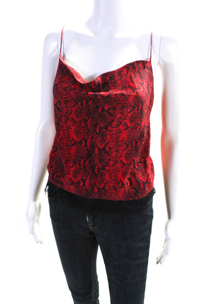 Alice + Olivia Womens Snakeskin Printed Lace Trim Silk Top Red Black Size Medium