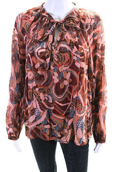 ALC Womens Long Sleeve V Neck Printed Chiffon Silk Top Pink Multi Size 8