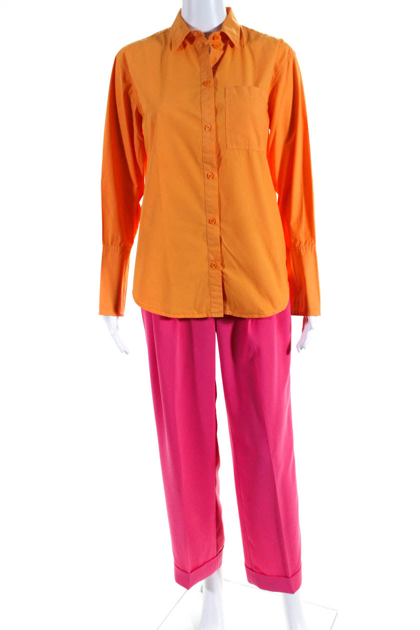 J Crew Womens Long Sleeved Button Down Shirt Pants Orange Pink Size 2 Lot 2