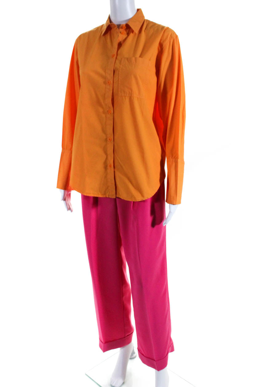 J Crew Womens Long Sleeved Button Down Shirt Pants Orange Pink Size 2 Lot 2