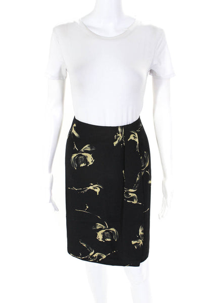 Halston Womens Abstract Knee Length Pleated Pencil Skirt Black Yellow Size 14