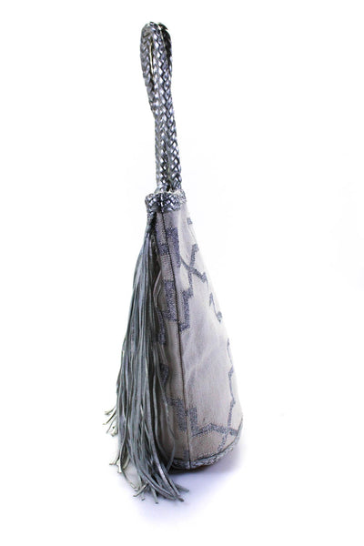 En Shalla Womens Woven Embroider Braided Frayed Textured Shoulder Handbag Silver
