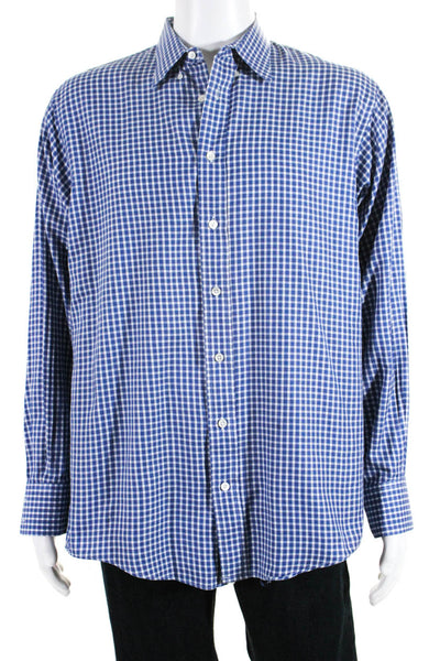 Burberry Mens Cotton Check Print Buttoned Collar Long Sleeve Top Blue Size EUR34