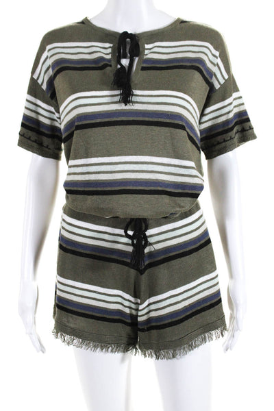 Lisa Todd Womens Striped Drawstring Shorts T-Shirt Two Piece Set Green Size XS S