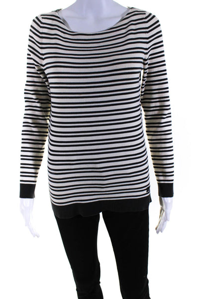 Tory Burch Womens Scoop Neck Ribbed Striped Sweater White Black Size Medium