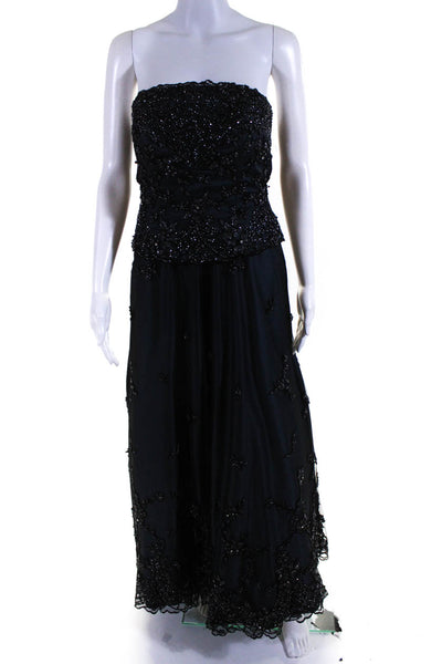 Mon Cheri Womens Embroidered Beaded Zipped Darted Textured Gown Black Size 6