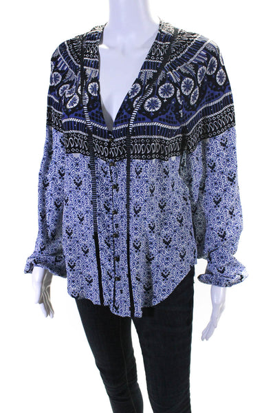 Veronica Beard Women's Abstract Print Long Sleeve Button Up Blouse Blue Size 6