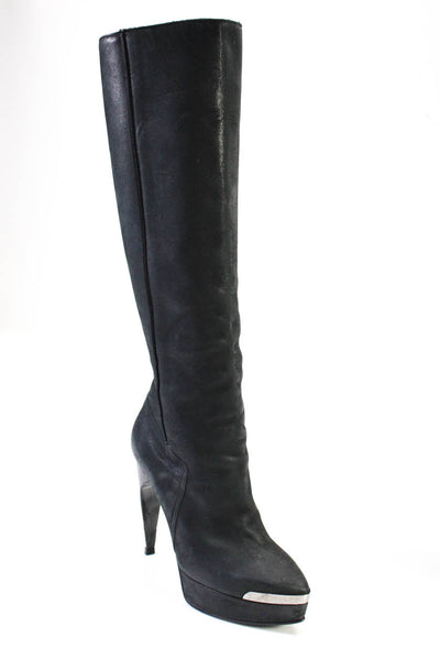 Lanvin Womens Leather Platform Pointed Toe Knee High Boots Black Size 38 8
