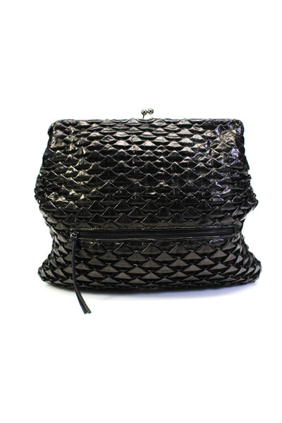 Devi Kroell Womens Textured Leather Kiss Lock Fold Over Black Clutch Handbag