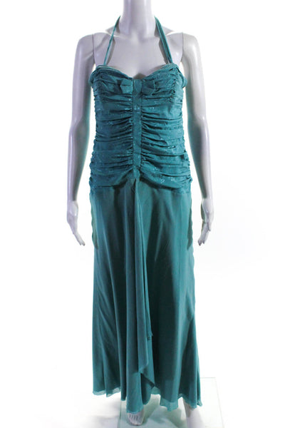 Nicole Miller Collection Womens Chiffon Ruched Halter A-Line Gown Blue Size 10