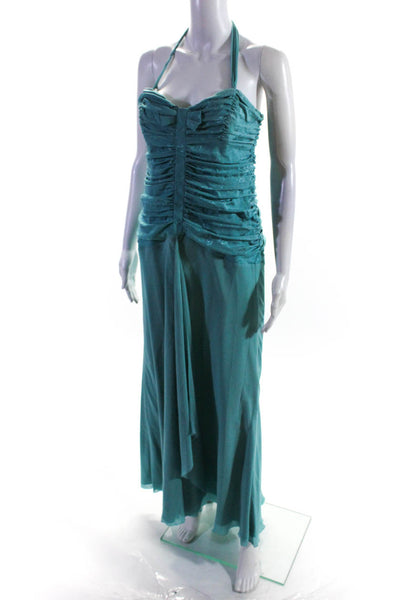 Nicole Miller Collection Womens Chiffon Ruched Halter A-Line Gown Blue Size 10