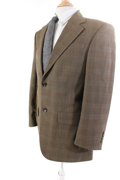 Oscar de la Renta Mens Wool Glen Plaid Suit Jacket Sport Coat Beige Size 37R