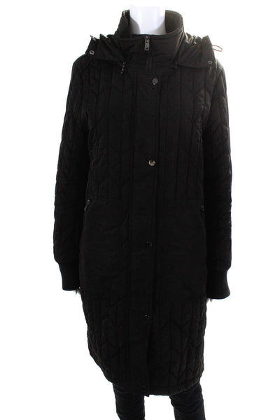 Andrew Marc Womens Striped Quilted Zipped Buttoned Puffer Coat Black Size M