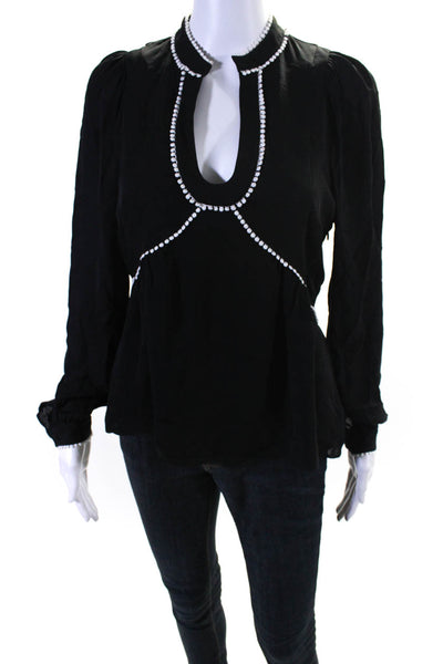 Intermix Womens Black Silk V-Neck Long Sleeve Side Zip Blouse Top Size 4