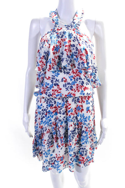 Parker Womens White Silk Floral Print Halter Sleeveless Shift Dress Size S