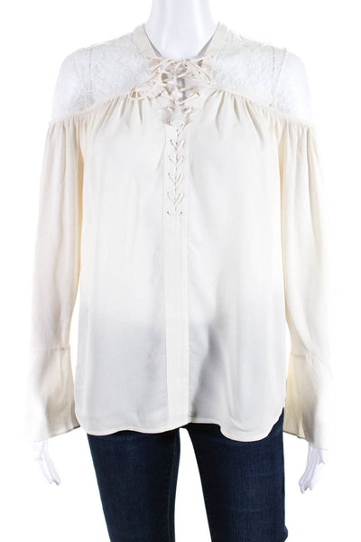 Yigal Azrouel Womens Silk Floral Lace Patchwork Lace-Up Blouse Top White Size 0