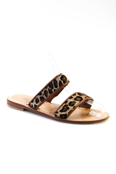 Preludio Womens Leather Animal Print Strappy Slide On Flat Sandals Beige Size 5