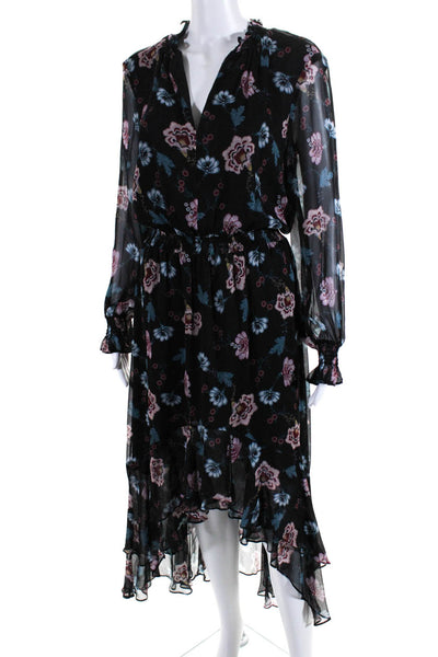 Intermix Womens Floral Long Sleeve Midi Chiffon A Line Dress Black Blue Size 4