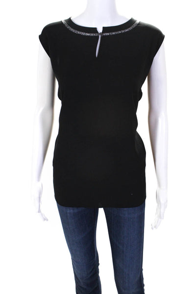 Misook Womens Sleeveless Buttoned Round Neck Blouse Top Black Silver Tone Size L