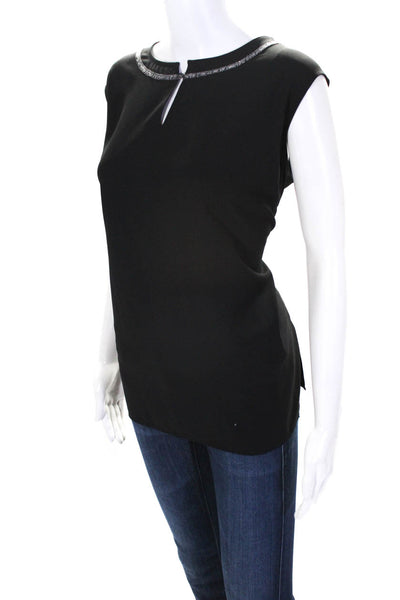 Misook Womens Sleeveless Buttoned Round Neck Blouse Top Black Silver Tone Size L