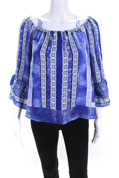 Parker Womens Silk Striped Abstract Print Cold Shoulder Blouse Top Blue Size XS