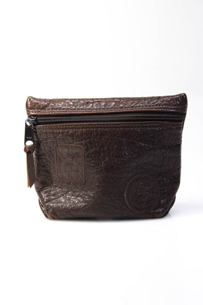Carlos Falchi Crinkled Leather Buffalo Patch Front Zip Pouch Wallet Dark Brown