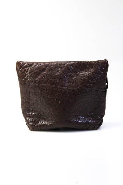 Carlos Falchi Crinkled Leather Buffalo Patch Front Zip Pouch Wallet Dark Brown