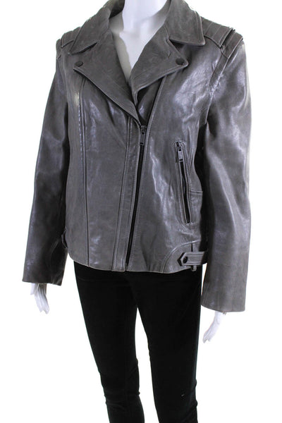 R Paris Womens Gray Leather Full Zip Long Sleeve Motorcycle Jacket Size M/L