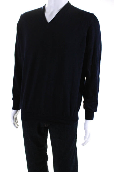 Ferrante Mens Navy Wool V-Neck Long Sleeve Pullover Sweater Top Size 54