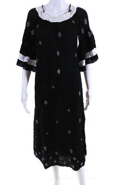 Poupette St. Barth Womens Geometric Embroidered Long Sleeve Dress Black Size S