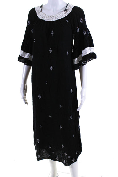 Poupette St. Barth Womens Geometric Embroidered Long Sleeve Dress Black Size S