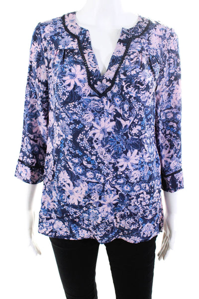 Rebecca Taylor Womens Silk Floral Print Blouse Navy Blue Pink Size 0