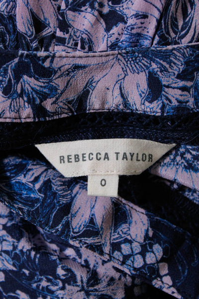 Rebecca Taylor Womens Silk Floral Print Blouse Navy Blue Pink Size 0
