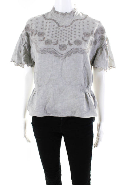Joie Womens Floral Embroidered Short Sleeves Blouse Gray Cotton Size Small