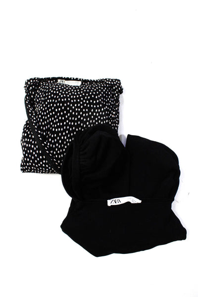 Zara Womens Plisse Polka Dot Knit Crop Top Blouse Black Size Small Lot 2