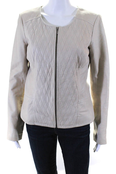 Hinge Womens Leather Quilted Full Zipper Jacket Beige Size Medium