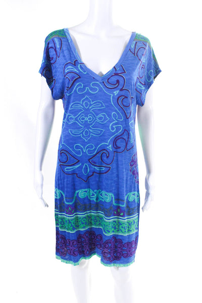 Hale Bob Womens Abstract Striped V-Neck Short Sleeve T-Shirt Dress Blue Size S