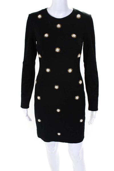 Nicole Miller Womens Pearled Studded Textured Zip Long Sleeve Dress Black Size 2