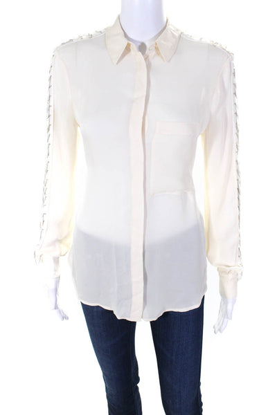 Haute Hippie Womens Silk Buttoned Metallic Fringed Long Sleeve Top Cream Size S