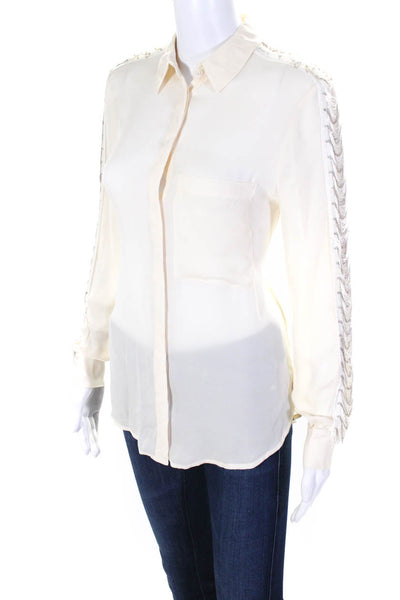 Haute Hippie Womens Silk Buttoned Metallic Fringed Long Sleeve Top Cream Size S